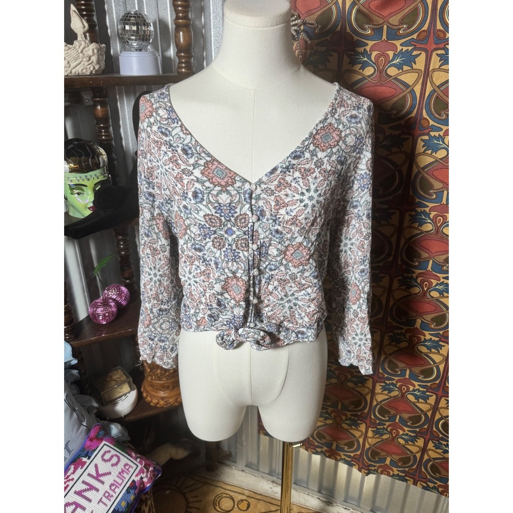 Aeropostale Floral Print Long Sleeve Tie Front Blouse‎ Top - Women's